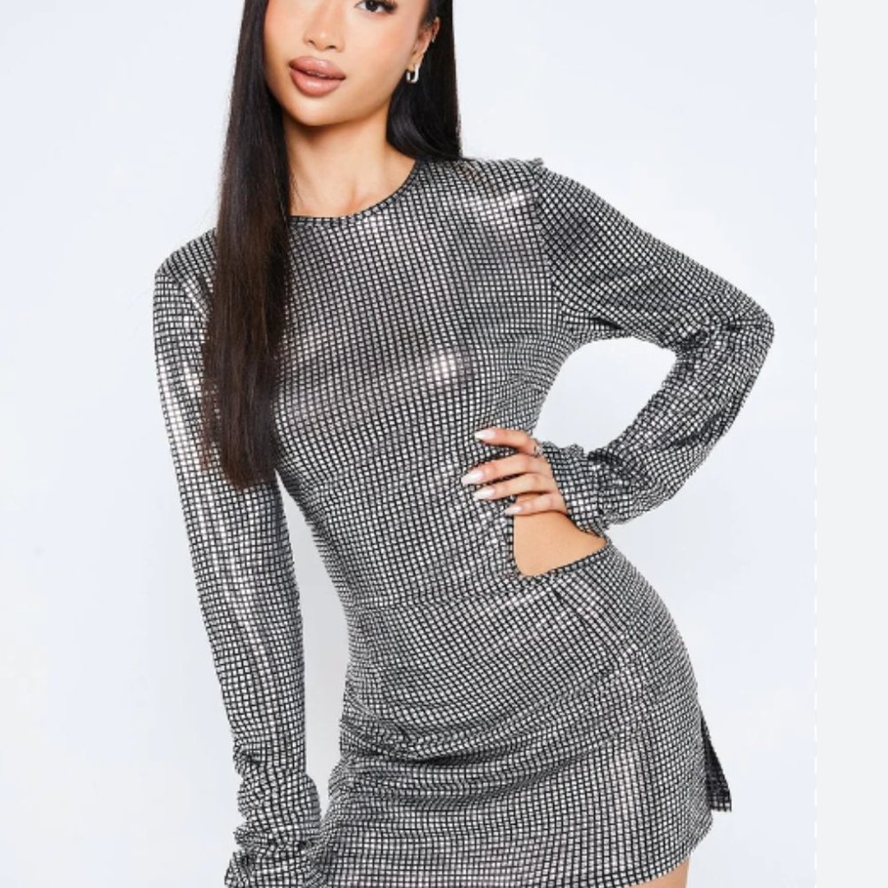 SOLADO Cut Out Split Hem Long sleeve Sheen Mini Dress